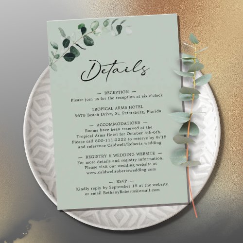 Eucalyptus Sage Calligraphy Wedding Details Enclosure Card
