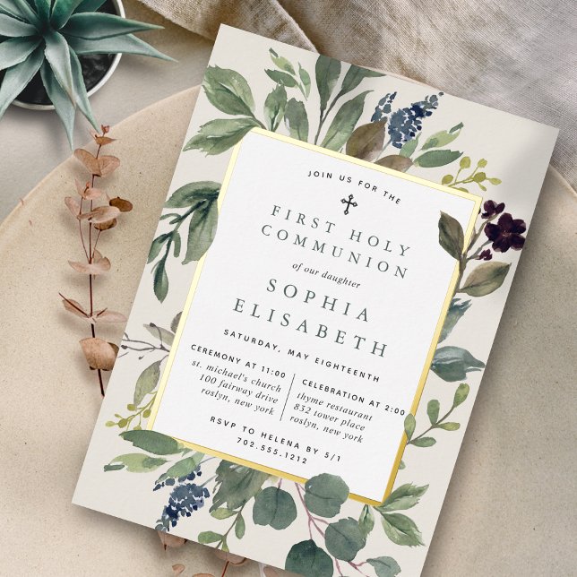 Eucalyptus & Sage First Holy Communion Foil Invitation (Creator Uploaded)