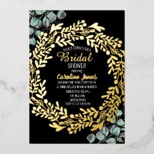 Eucalyptus Sage Green Black Gold Bridal Shower Foil Invitation