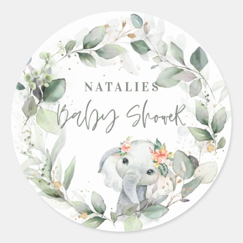 eucalyptus sage green cute elephant baby shower classic round sticker