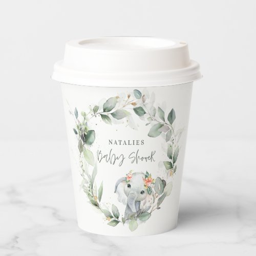 eucalyptus sage green cute elephant baby shower  paper cups