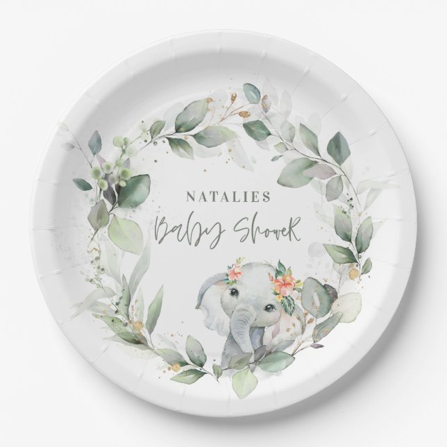 eucalyptus sage green cute elephant baby shower  paper plates (Front)