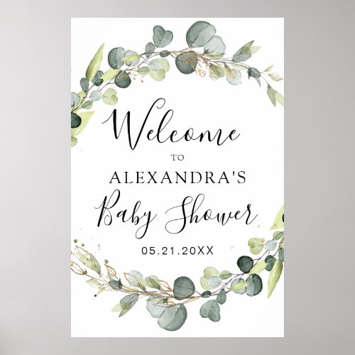 Eucalyptus Sage Green Floral Baby Shower Poster by Pretty Girly Designs