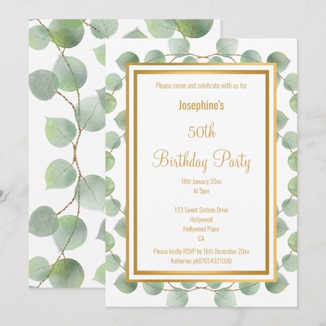 EUCALYPTUS SAGE GREEN GOLD BIRTHDAY INVITATION (Front/Back)