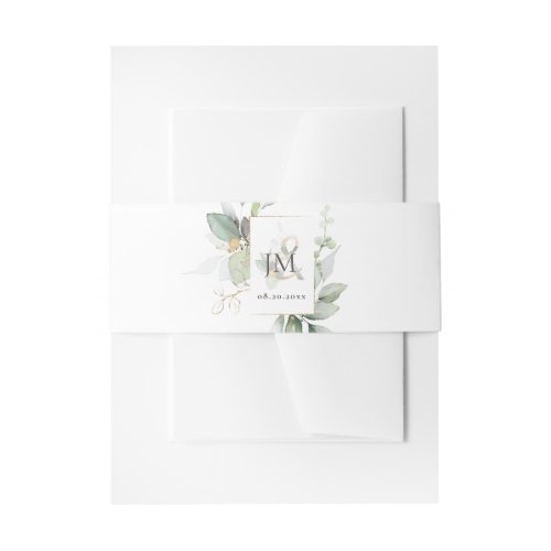 Eucalyptus Sage Green Gold Monogrammed Invitation Belly Band