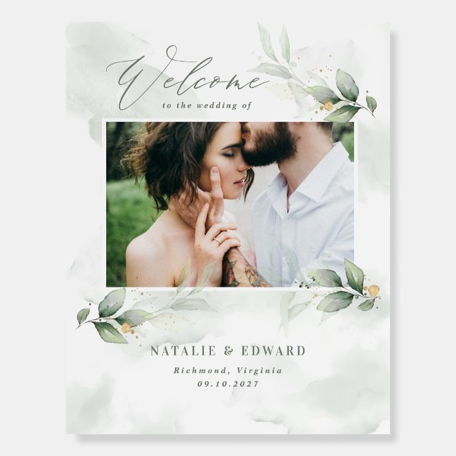 Eucalyptus sage green gold photo wedding welcome   foam board (Front)
