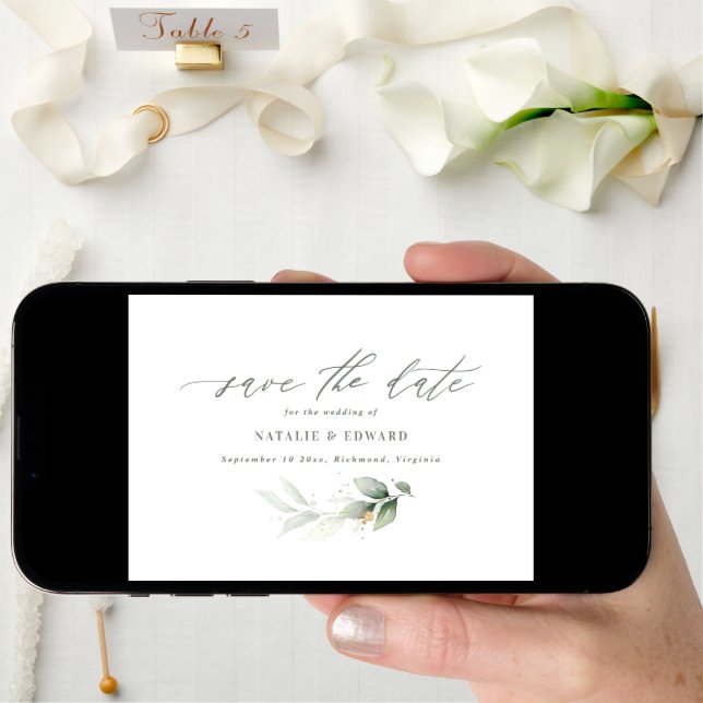 Eucalyptus sage green gold wedding save the date (Front Digital)
