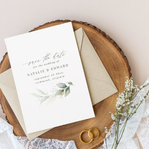 Eucalyptus sage green gold wedding save the date
