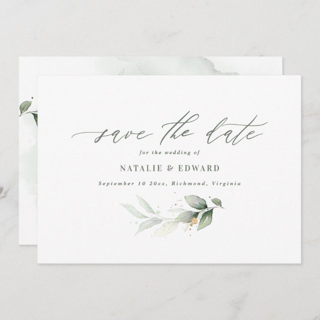 Eucalyptus sage green gold wedding save the date (Front/Back)
