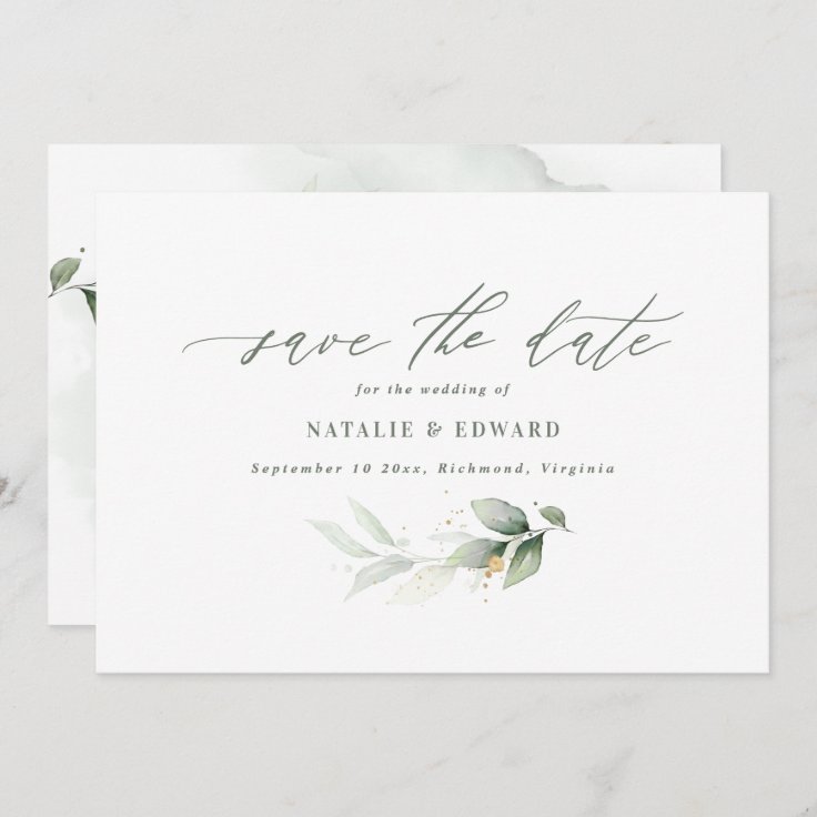 Eucalyptus sage green gold wedding save the date | Zazzle