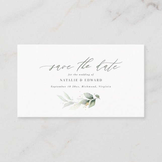 Eucalyptus sage green gold wedding save the date place card (Front)