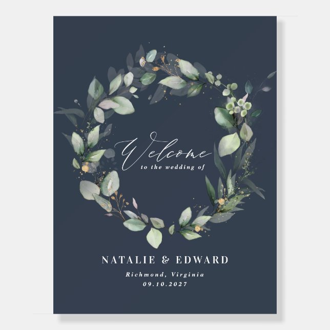 Eucalyptus sage green gold wedding welcome foam bo foam board (Front)