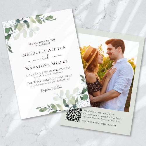Eucalyptus Sage Green Photo QR Code Wedding Invitation