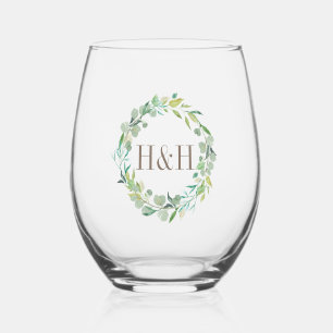 Eucalyptus Sage Green Watercolor Floral Monogram Stemless Wine Glass