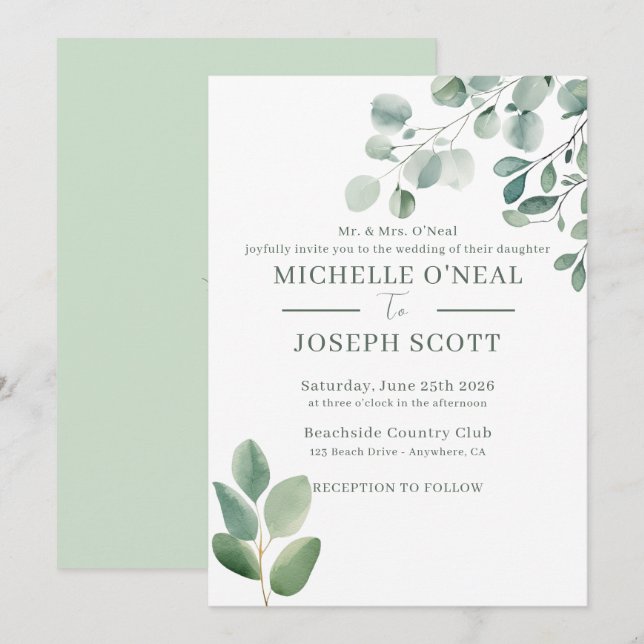 Eucalyptus Sage Green Watercolor Wedding Invitation (Front/Back)