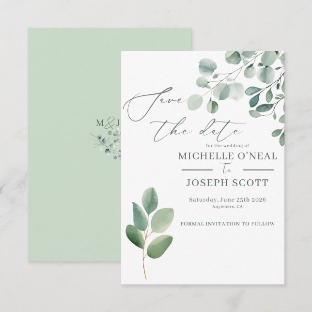 Eucalyptus Sage Green Watercolor Wedding Save The Date (Front/Back)