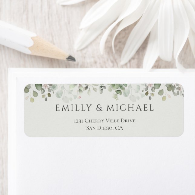 Eucalyptus Sage Green Wedding Return Label (Insitu)