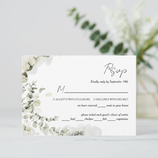 Eucalyptus Sage Green with Meal Choice RSVP Card (Standing Front)