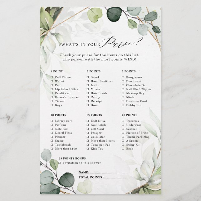 Eucalyptus Sage Greenery Bridal Shower Game (Front)