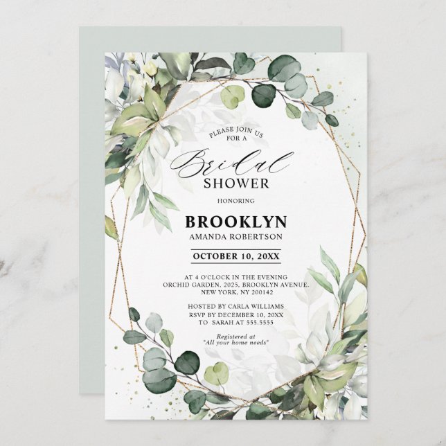 Eucalyptus Sage Greenery Geometric Bridal Shower Invitation (Front/Back)