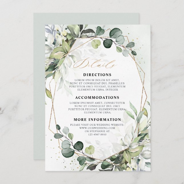 Eucalyptus Sage Greenery Geometric Wedding Details Enclosure Card (Front/Back)