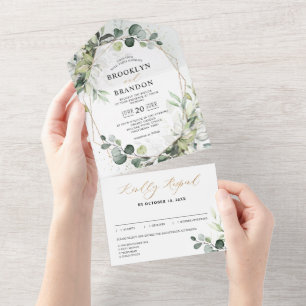Eucalyptus Sage Greenery Modern Geometric Wedding  All In One Invitation