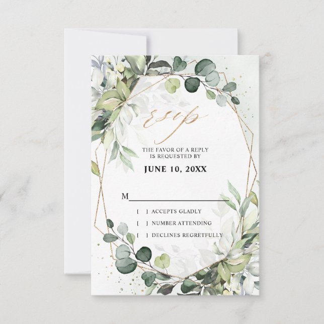 Eucalyptus Sage Greenery Modern Geometric Wedding RSVP Card (Front)