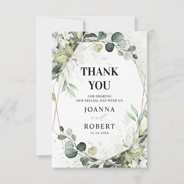 Eucalyptus Sage Greenery Modern Geometric Wedding Thank You Card (Front)
