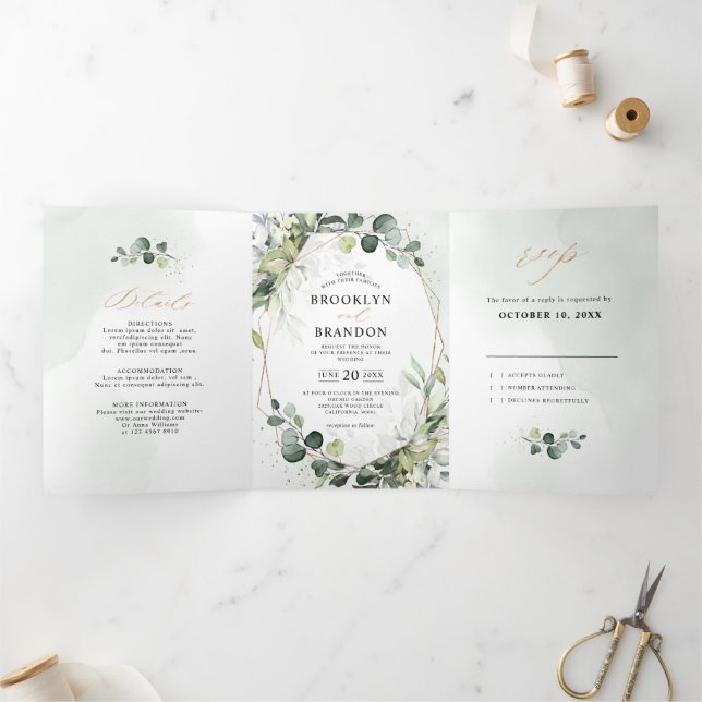 Eucalyptus Sage Greenery Modern Geometric Wedding Tri-Fold Announcement (Inside)