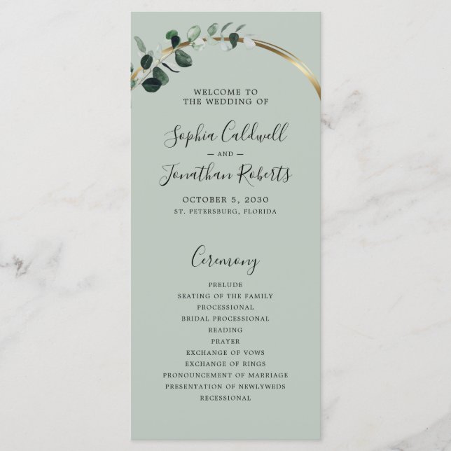 Eucalyptus Sage Romantic Calligraphy Wedding Program (Front)