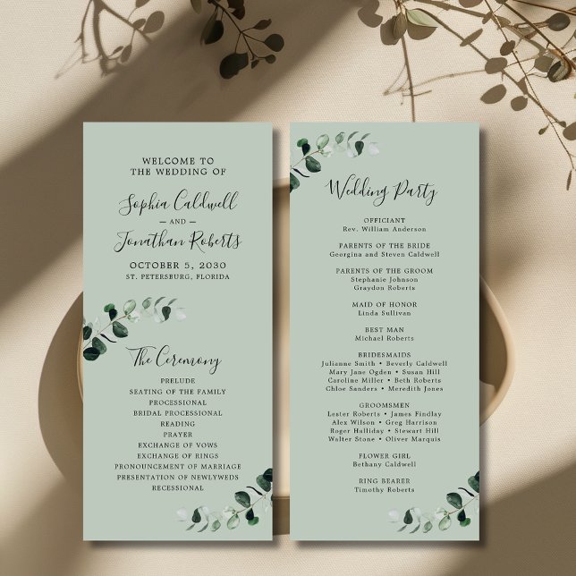 Eucalyptus Sage Romantic Calligraphy Wedding Program (Eucalyptus Sage Romantic Calligraphy Wedding Program)