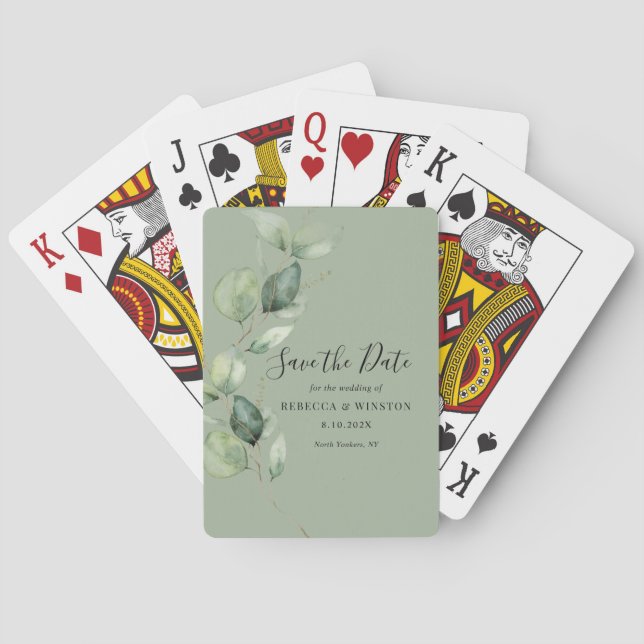 Eucalyptus Script Botanical Wedding Save the Date Poker Cards (Back)