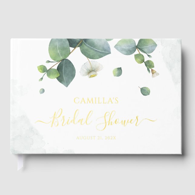 Eucalyptus Script Bridal Shower Gold Foil Guest Book (Front)