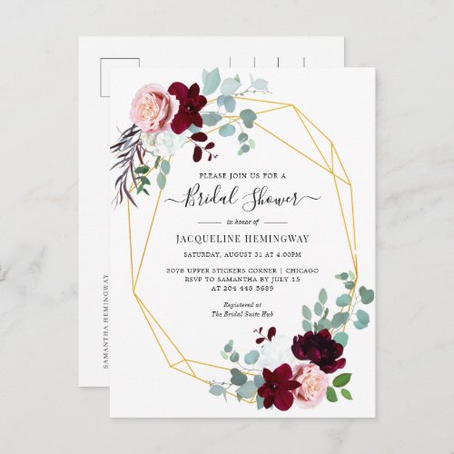 Eucalyptus Script Burgundy Floral Bridal Shower Invitation Postcard
