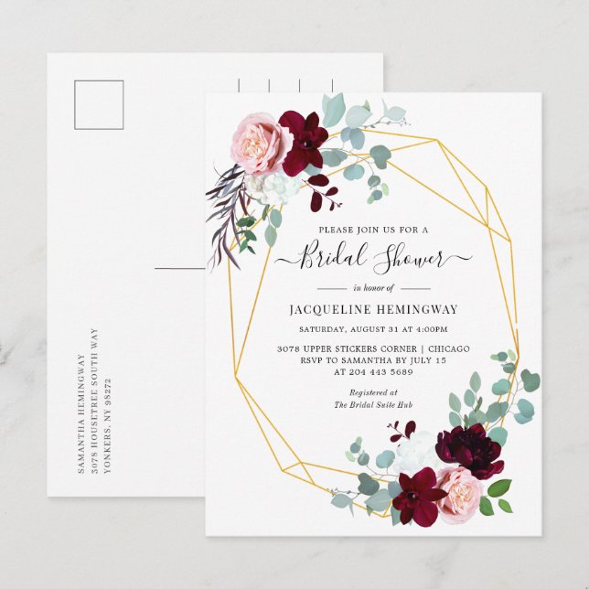 Eucalyptus Script Burgundy Floral Bridal Shower Invitation Postcard (Front/Back)