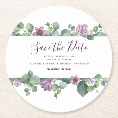 Eucalyptus Script Floral Watercolor Save the Date Round Paper Coaster