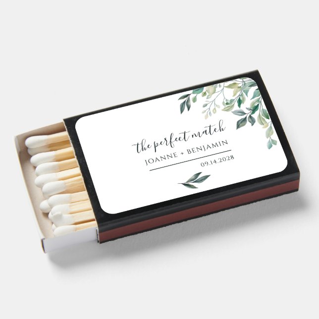 Eucalyptus Script Greenery Botanical Wedding Favor Matchboxes (Front Open)