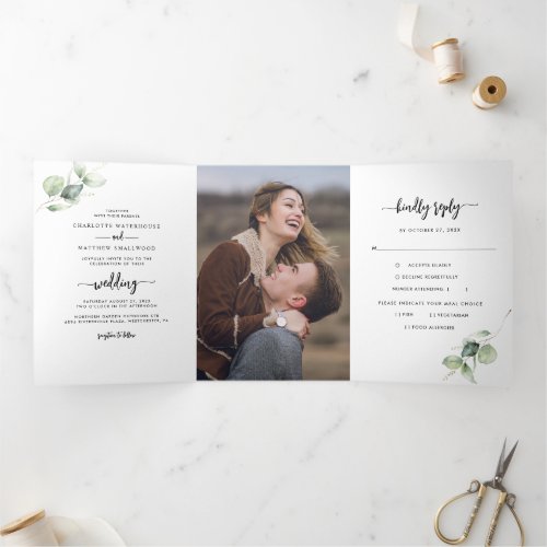 Eucalyptus Script Greenery Photo Wedding Tri_Fold Invitation