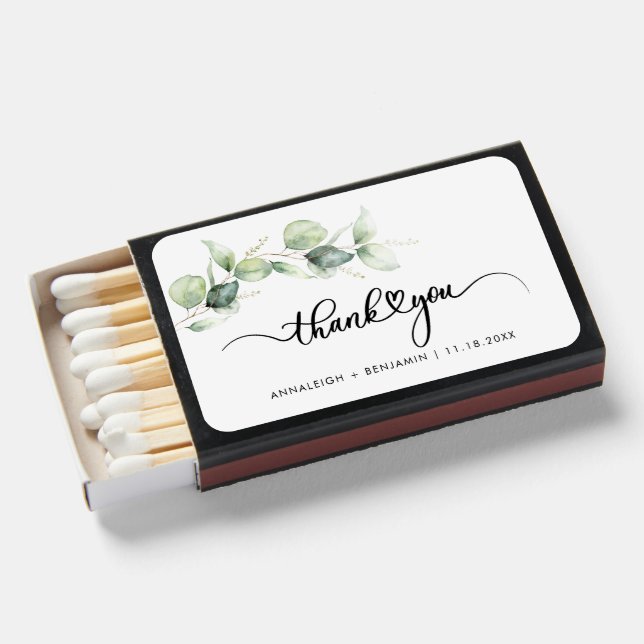 Eucalyptus Script Greenery Wedding Thank You Matchboxes (Front Open)