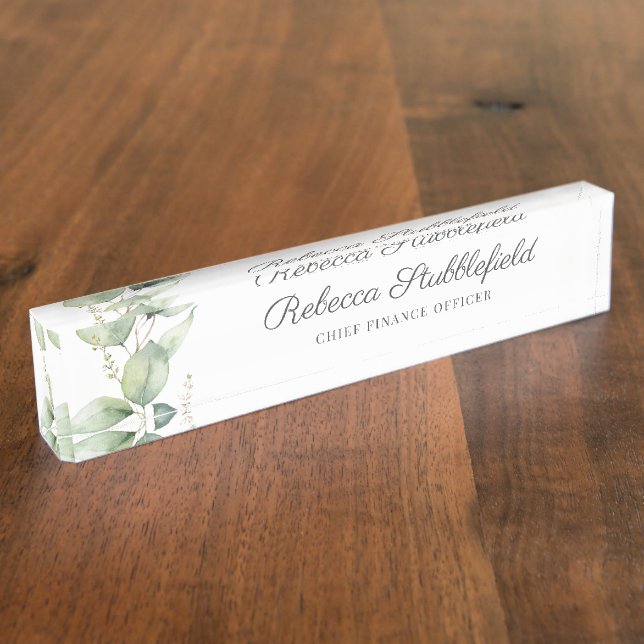 Eucalyptus Script Modern Office Employee Desk Name Plate (Side)