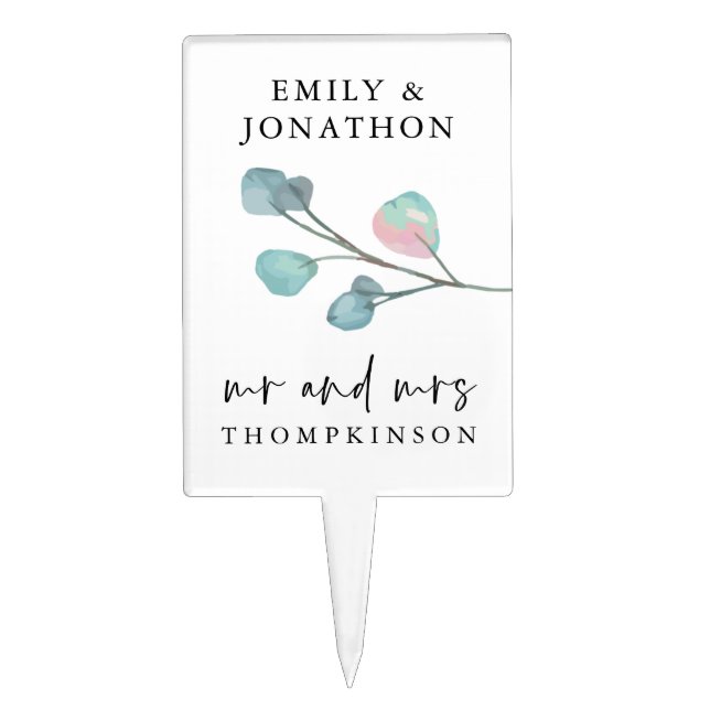 Eucalyptus Script Mr Mrs Names Wedding Cake Topper (Front)