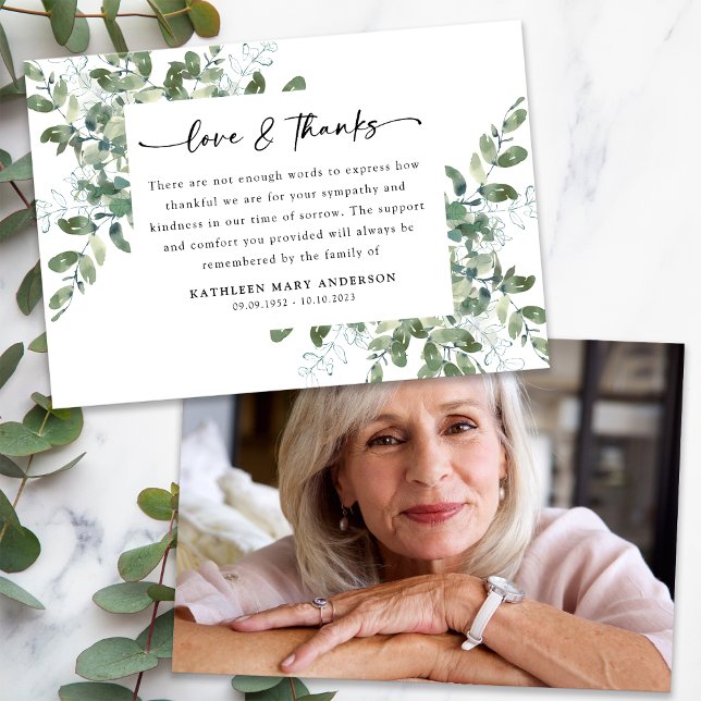 Eucalyptus Script Photo Funeral Thank You Card (Creator Uploaded)