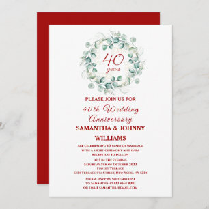Eucalyptus Script Ruby 40th Wedding Anniversary Invitation