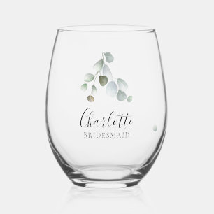 Eucalyptus Script Wedding Bridesmaid Stemless Wine Glass