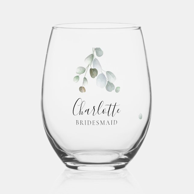 Eucalyptus Script Wedding Bridesmaid Stemless Wine Glass (Front)