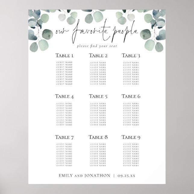 Eucalyptus Seating Plan Wedding Favorite People Poster (Front)