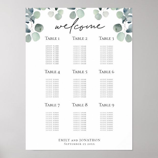 Eucalyptus Seating Plan Wedding Welcome Chart (Front)
