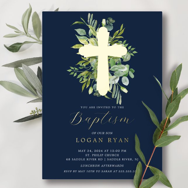 Eucalyptus Serenity Baptism Invitation Foil Invitation (Creator Uploaded)
