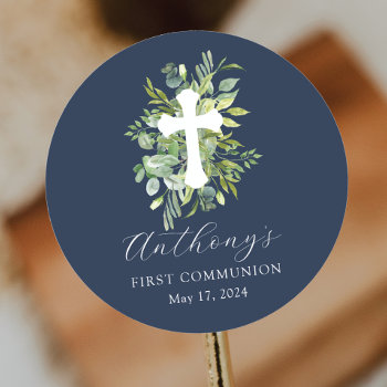 Eucalyptus Serenity First Communion Classic Round Sticker by invitationstop at Zazzle