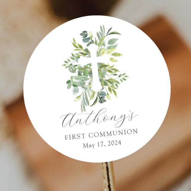 Eucalyptus Serenity First Communion Classic Round Sticker (Creator Uploaded)